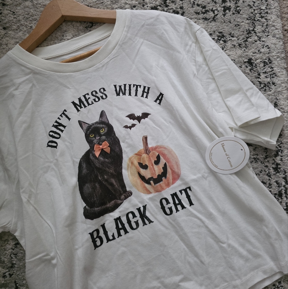 House Of Cotton Black Cat Pumpkin Graphic Tshirt Halloween Womens L Nwt